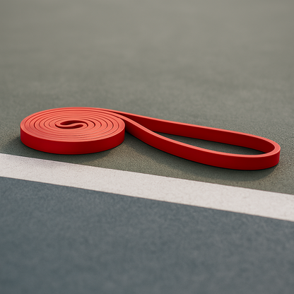 Red resistance band on a gray surface