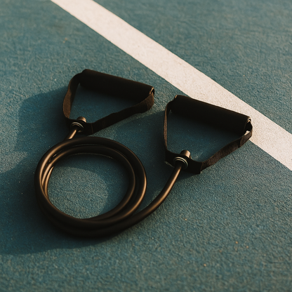 Black resistance band on a green sports court with white lines