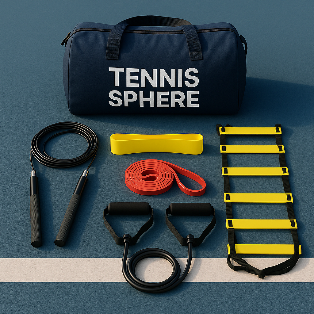 Collection of fitness equipment for tennis.