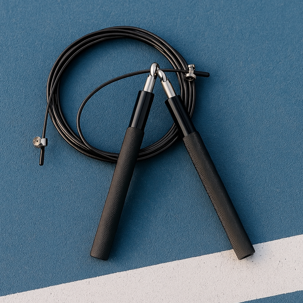 Black jump rope on a blue and gray background