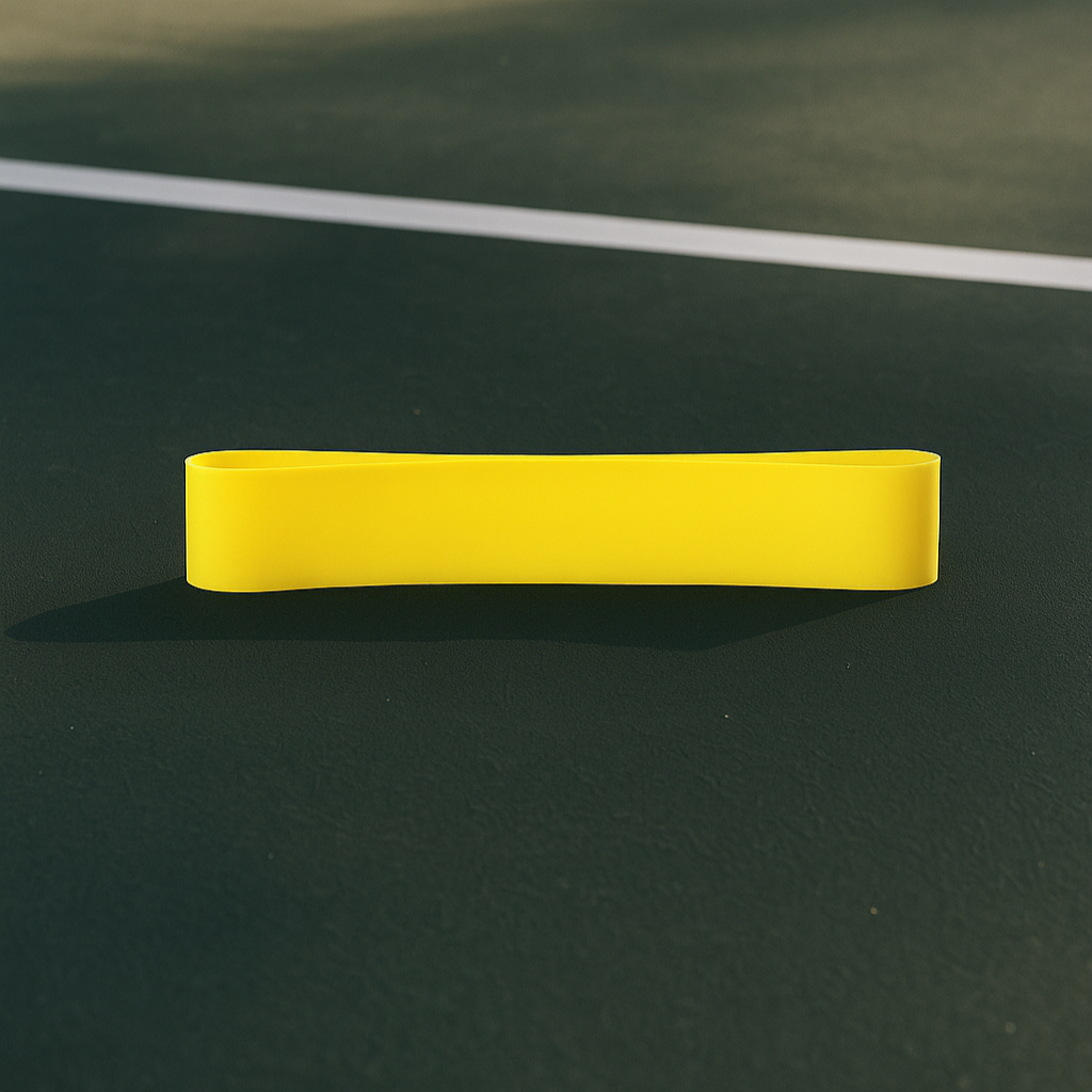Yellow resistance band on a green tennis court