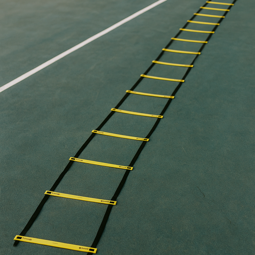 Yellow and black agility ladder on a green sports field